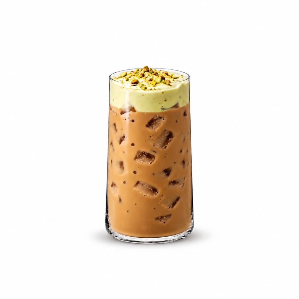 Iced coffee topped with creamy pistachio foam and chopped pistachios in a clear glass.