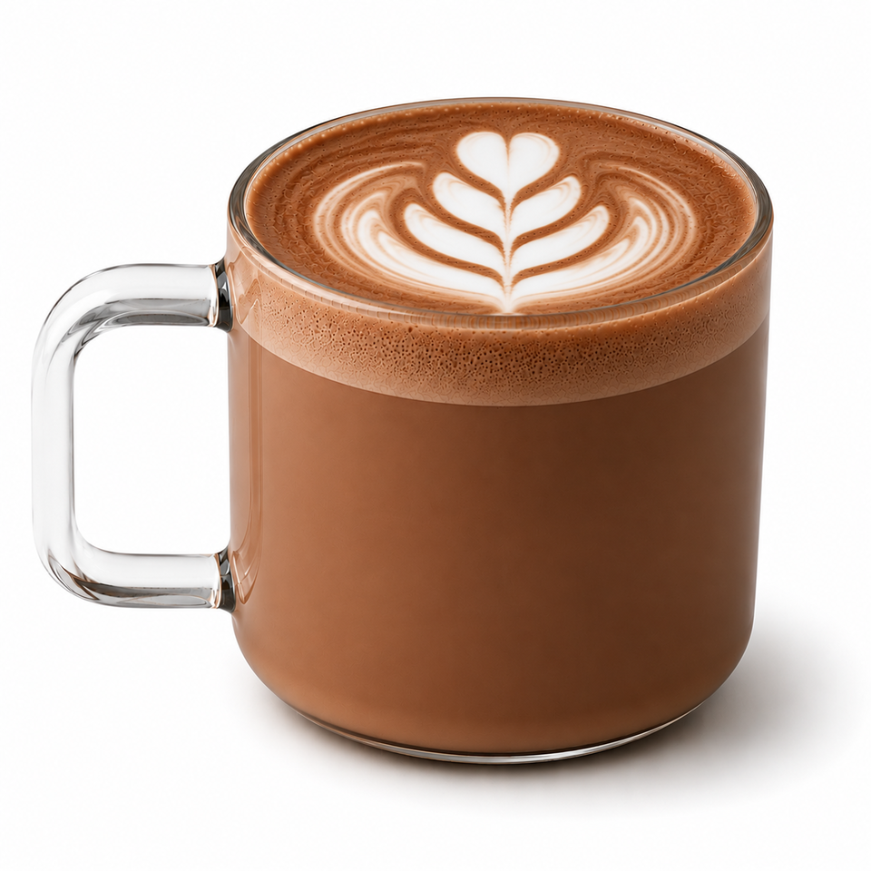 Mocha with latte art in a glass mug
